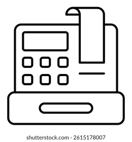 Cash register with check bill thin line icon, shopping purchase concept. Vector graphics. Money safe device sign on white background, linear style for mobile or design