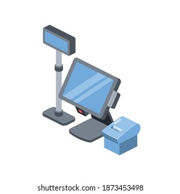 Kassenregister-Computer, Quittungsdrucker. Flaggen-Shop und Verkauf-Label. Vector 3d isometrisch, Farbe Web-Symbole gesetzt, neue flache Stil.