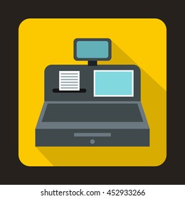 Cash register with cash drawer icon in flat style on a yellow background