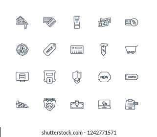 Cash register, Ecommerce, Payment security, Buy, Decrease, Loyalty card, Discount, guaranty Shield, Pay, Price tag, Atm machine outline vector icons from 20 set