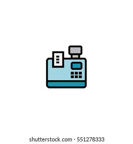 Cash register flat line icon with receipt 