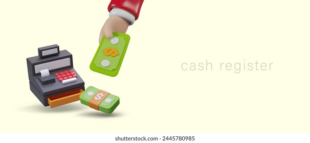 Cash register, hand holding money. Vector concept in realistic style