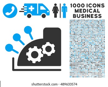 Cash Register icon with 1000 medical business bicolor blue and gray vector pictograms. Set style is flat symbols, white background.