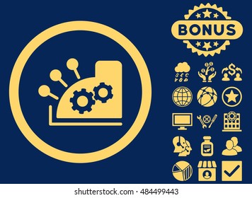 Cash Register icon with bonus elements. Vector illustration style is flat iconic symbols, yellow color, blue background.