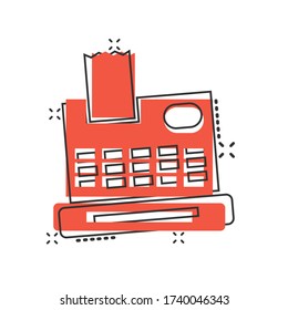 Cash register icon in comic style. Check machine cartoon vector illustration on white isolated background. Payment splash effect business concept.