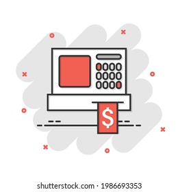 Cash register icon in comic style. Check machine cartoon vector illustration on white isolated background. Payment splash effect business concept.