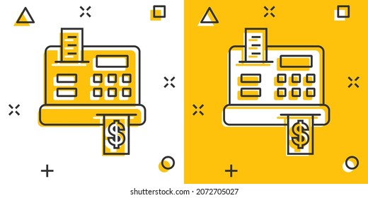 Cash register icon in comic style. Check machine cartoon vector illustration on white isolated background. Payment splash effect business concept.