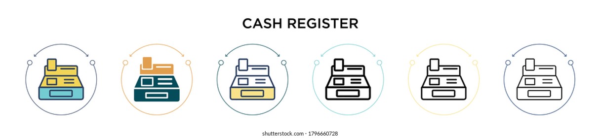 Cash register icon in filled, thin line, outline and stroke style. Vector illustration of two colored and black cash register vector icons designs can be used for mobile, ui, web