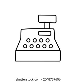 cash register icon  in flat black line style, isolated on white background 
