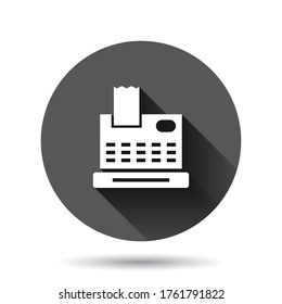 Cash register icon in flat style. Check machine vector illustration on black round background with long shadow effect. Payment circle button business concept.