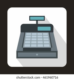 Cash register icon in flat style with long shadow. Tehnique and money symbol