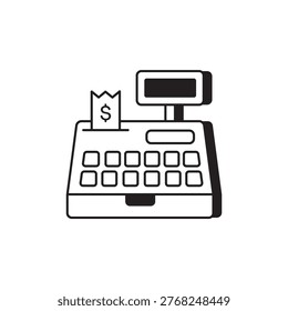 Cash register icon representing online checkout, monochrome of keypad and receipt emphasizing seamless digital payment, contactlessready design for ecommerce brands and pointofsale interfaces