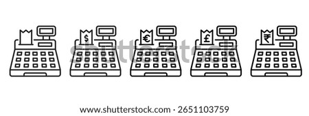 Cash Register Icon Set With Different Currencies