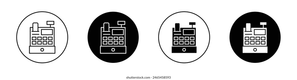 Cash register icon set. register cash machine vector symbol. supermarke or retail store checkout counter cash register machine symbol in black filled and outlined style.