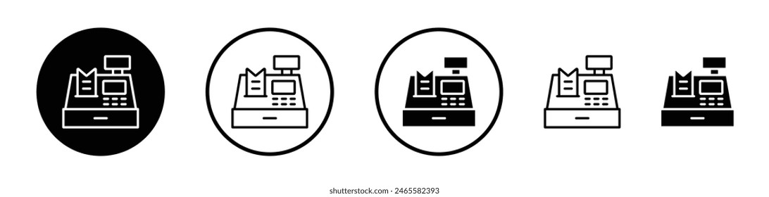 Juego de iconos de caja registradora. Registrar símbolo de máquina y contador de Completar compra minorista.