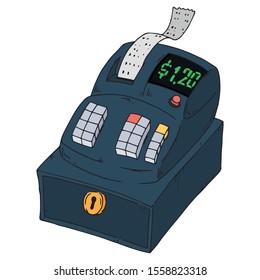 Cash register icon. Vector illustration of a cash register with check and bill. Hand drawn cash register for a store.