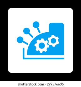 Cash register icon. Vector style is blue and white colors, flat rounded square button on a black background.