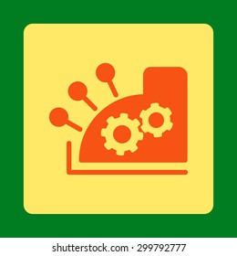 Cash register icon. Vector style is orange and yellow colors, flat rounded square button on a green background.