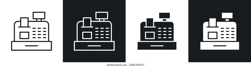 Cash register icons collection in black and white filled and line versions