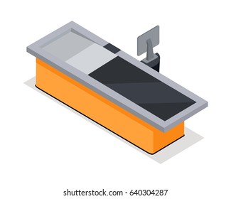 Cash register isometric projection vector illustration. Store counter and cash register icon isolated on white background. Grocery store and supermarket equipment isometry for games, app, icon, web