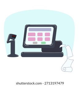 Caixa registadora que emite cheques. Ilustração vetorial.
