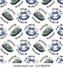 Cash register and Lifebuoy. Seamless pattern on a white background. Cute vector illustration.