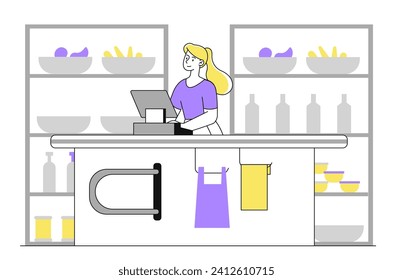 Cash register linear concept. Woman standing and sell groceries in market or store. Place for payment and transactions, retail. Seller wait for buyers and clients. Doodle flat vector illustration