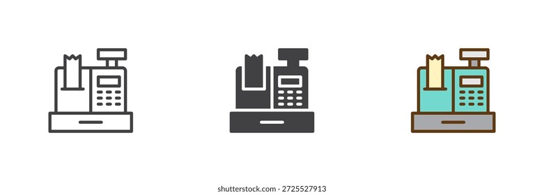 Conjunto de iconos de estilo diferente de la máquina registradora de efectivo. Icono colorido de línea, contorno sólido y relleno, signo y símbolo de Vector. Icono de registro para el Completar compra de comestibles y el ícono de pago.