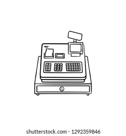 Cash register machine hand drawn outline doodle icon. Retail, shop service and equipment, store payment concept. Vector sketch illustration for print, web, mobile and infographics on white background.