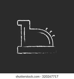 Cash register machine hand drawn in chalk on a blackboard vector white icon isolated on a black background.