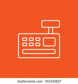 Cash register machine line icon for web, mobile and infographics. Vector white icon isolated on red background.