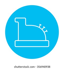Cash register machine line icon for web, mobile and infographics. Vector white icon on the light blue circle isolated on white background.