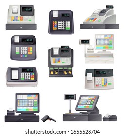 Cash register machine terminal, scanner and checkout counter. Vector retail point and pos terminal sale equipment. Cashiers of store with money boxes, receipt printers, displays and barcode readers