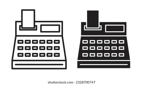 Vektorsymbol des Kassamarkers, Vektorsymbol-Set. Bankautomatensymbol in schwarzer Farbe. Piktogramm für das Bargeldregister des Supermarkts einzeln.