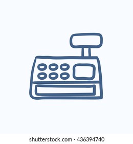 Icono de esbozo vectorial de máquina de registro de efectivo aislado en segundo plano. Icono de máquina de registro de efectivo dibujado a mano. Icono de esbozo de máquina de registro de efectivo para infografía, sitio web o aplicación.