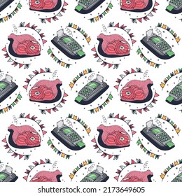 Cash register and Meat. Seamless pattern on a white background. Cute vector illustration.