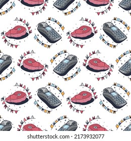 Kassenregister und Fleisch. Nahtloses Muster auf weißem Hintergrund. Cute Vektorgrafik.
