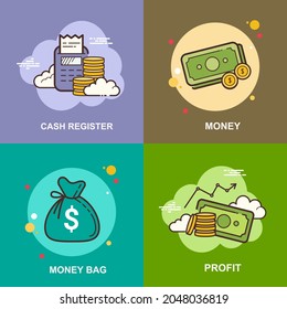 cash register, money bag, profit flat concept design vector illustration collection