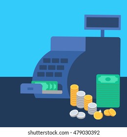 Cash register with money and coins. Commerce concept. Store symbol. Vector