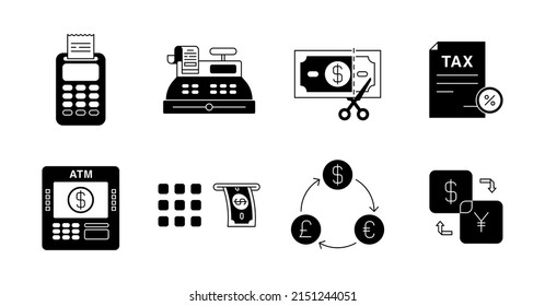 Cash register money exchange ATM taxes icons set black and white vector illustration. Isolated on white background