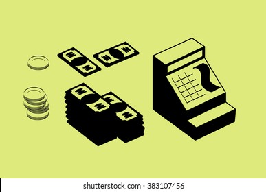 Cash register and money. Pile of bank notes and coins. Set financial icons.

