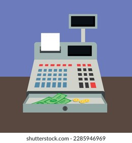 Cash register with cash and money. Vector illustration in flat style.