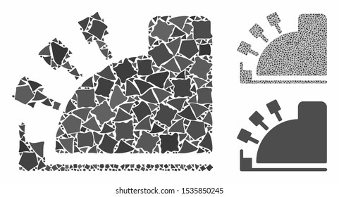 Cash register mosaic of ragged parts in various sizes and color hues, based on cash register icon. Vector ragged pieces are grouped into mosaic. Cash register icons collage with dotted pattern.
