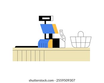 Cash Register On Checkout Counter With Shopping Basket In Flat Vector Illustration Symbolizing Retail Shopping, Payments, And Store Transactions, Isolated On White Background