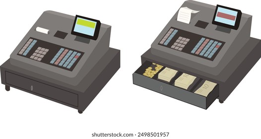 cash register open and closed. money machine cashier. market safe. grocery receipt shopping