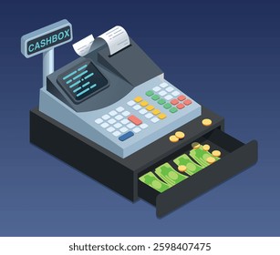 Cash register with open drawer full of money