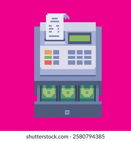 cash register pixel art, vector illustration on isolated background.
