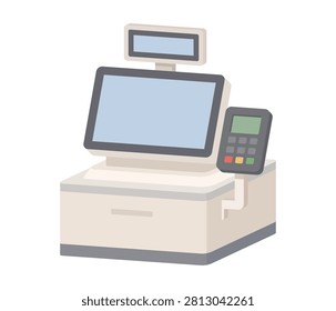 Cash register, POS system, cash register, accounting, settlement, payment terminal, cashless, electronic, credit card, QR code payment, IC card, smartphone payment, contactless, barcode scanner, barcode reader, receipt, cash drawer, store, shop, retail store, supermarket, convenience store, drugstore, restaurant, cafe, sales, customer service, store equipment, business, commercial, equipment, terminal,
simple, vector, icon, flat, illustration
