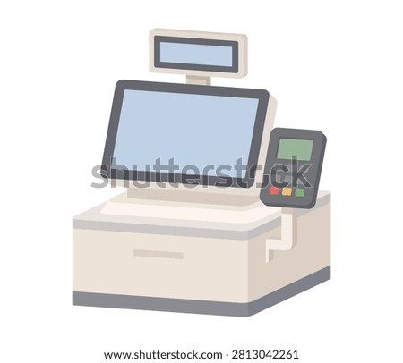 Cash register, POS system, cash register, accounting, settlement, payment terminal, cashless, electronic, credit card, QR code payment, IC card, smartphone payment, contactless, barcode scanner, barcode reader, receipt, cash drawer, store, shop, retail store, supermarket, convenience store, drugstore, restaurant, cafe, sales, customer service, store equipment, business, commercial, equipment, terminal,
simple, vector, icon, flat, illustration
