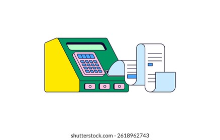 Cash register printing long receipts, symbolizing transactions, sales, and retail activities cartoon illustration hand drawn for business, accounting, shopping icon